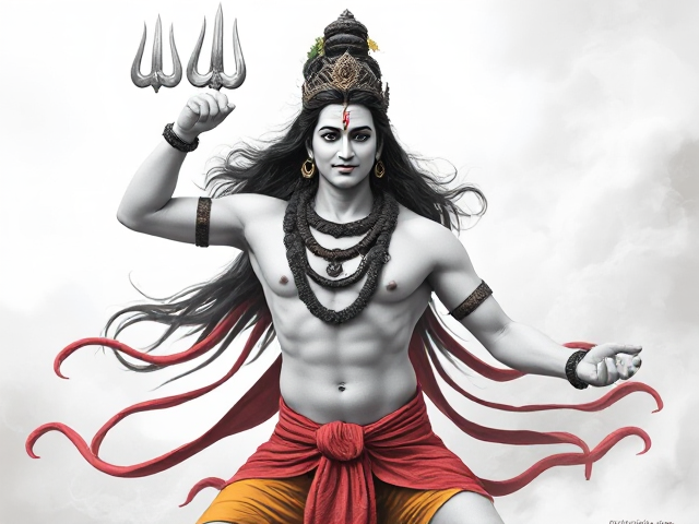 lord shiva muscular realistic  with trishul dancing 2d image drawing white color