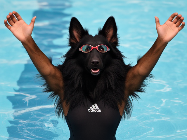 A tall anthropomorphic long haired black German shepherd wearing an adidas swimsuit and swimming goggles stretching her arms out straight into the air before a swim