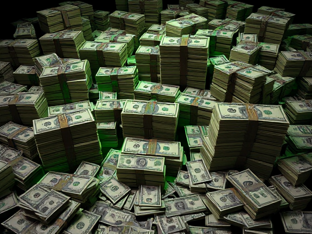 Create a realistic scene featuring numerous piles of money arranged randomly, with a mix of neatly stacked bundles and scattered loose bills. Each pile should include stacks of U.S. dollar bills tied with bank straps, and some bills should be casually spread out, adding a natural look. The money should appear glossy and detailed, with the texture and shine of authentic paper currency. The background should be dark, with a subtle green glow emanating around the piles, giving the image a rich and dynamic feel. Ensure the lighting enhances the depth and detail of the money, casting soft shadows to make it visually immersive.