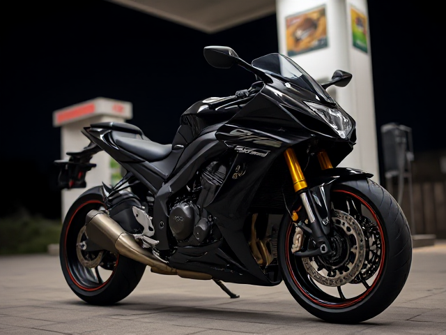 Black sports motorcycle, gold engine at a gas station