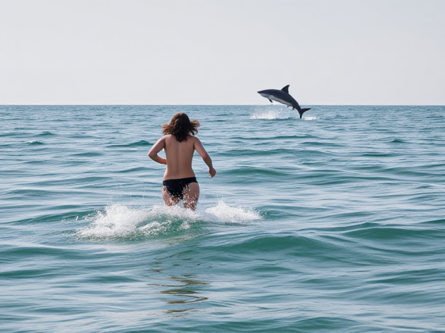 Woman running in the ocean looking in the distance while a shark jumps