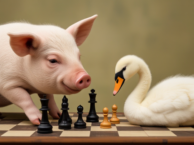 A cute pig and a baby swan playing chess