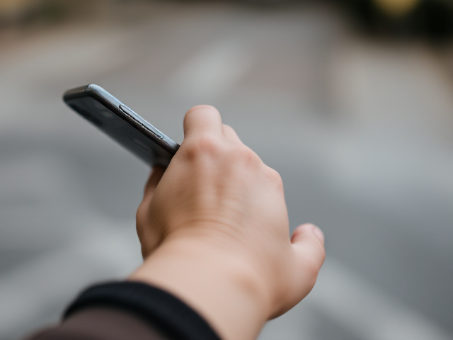 Close up and an arm and hand holding a phone