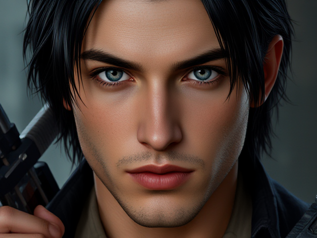 Fantasy hunter.  He is 25 years old, has middle length, black, greasy slicked back hair and grey eyes. Slightly oval face. His is clean shaven. Make the image in color.