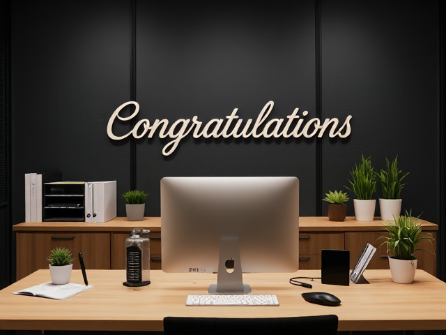 Can you create an office setting with computer and put a sign that says congratulations in the back