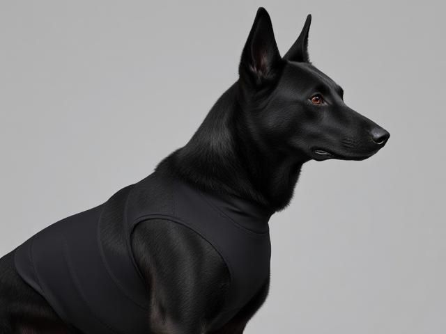 Anthropomorphic black German shepherd with realistic features, wearing a form-fitting competition swimsuit, showcasing detailed textures and lifelike appearance, set against a neutral background