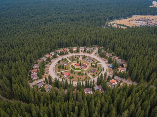A small town circular pine forest around