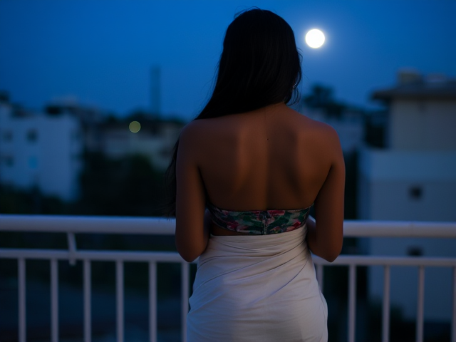 Skinny Indian woman's back turned on a balcony with a white saree on