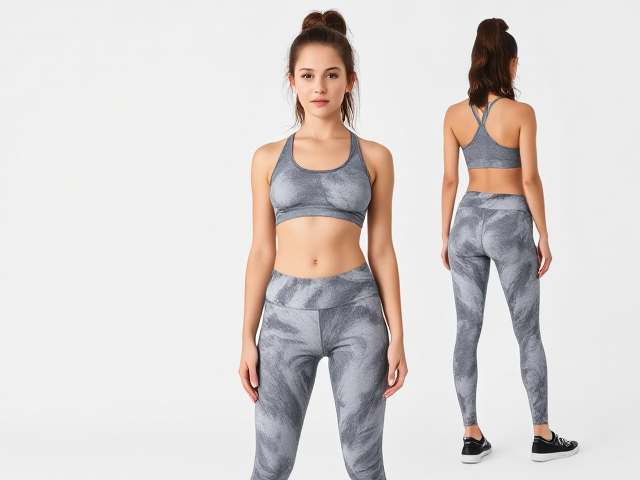 Attractive and athletic 15-year-old girl with well-balanced and realistic proportions, wearing stylish gray marble leggings and a matching sports bra. She is standing in a natural and relaxed pose, with emphasis on attention to detail and realism in her features and attire