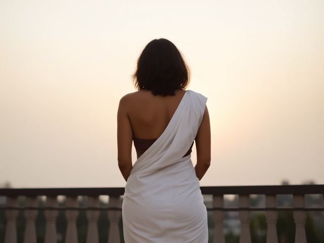 Skinny Indian woman's back turned on a balcony with a white saree on