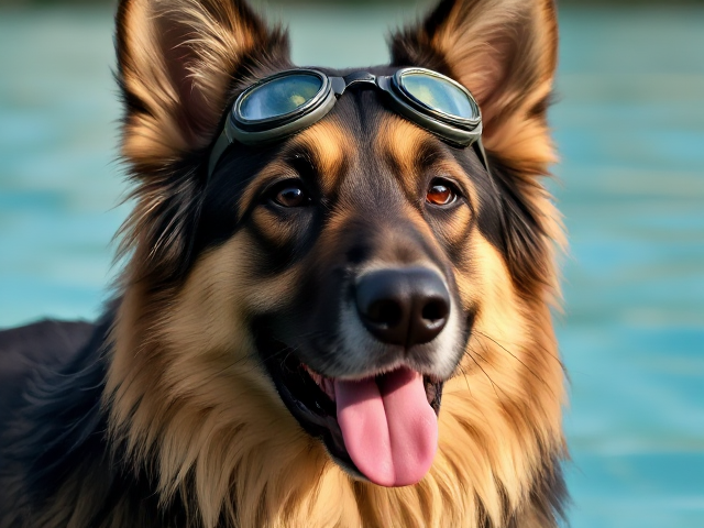 A long haired German shepherd wearing swimming goggles