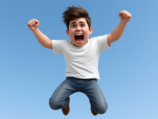 Bulky adult Man with greaser haircut, jeans and white T-shirt jumping in the air with his fist out while he yells something