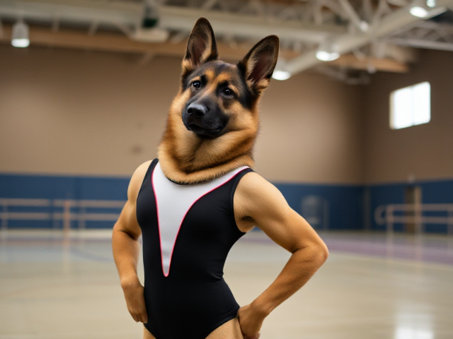 A anthropomorphic German shepherd wearing a gymnastics leotard in a gymnasium