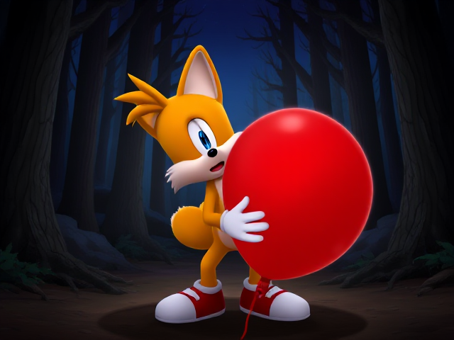 Tails the Fox gets very scared in the dark spooky forest holding a big red rubber balloon with his knees touching inwards SEGA Video Game