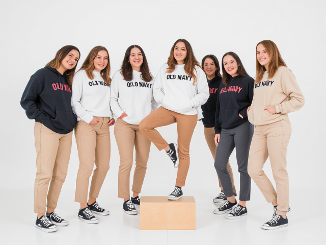 Group of young women in Old Navy khakis and hoodies and Chucks sneakers standing with one foot on top of a small riser in a white room