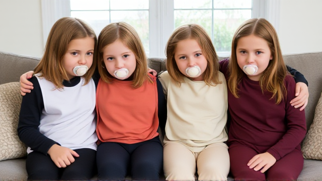 Quatre filles adolescentes aux cheveux lisses et dégagé et de différentes couleurs a l'avant assis dans un canapé avec des bavoirs simple de différentes couleurs et des tétines en bouches elles sont en tee-shirts manches longues de différentes couleurs foncées que les Bavoirs et avec des pantalons elle se font un gros câlin et il y a une grande fenêtre derrière le canapé