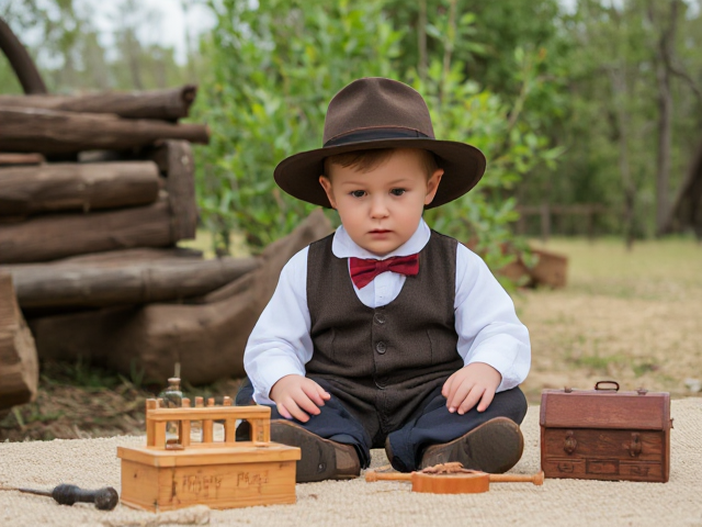 A young child in traditional 1800s Australian attire, playing with vintage toys and games typical of the era, set in a rustic outdoor environment with native flora