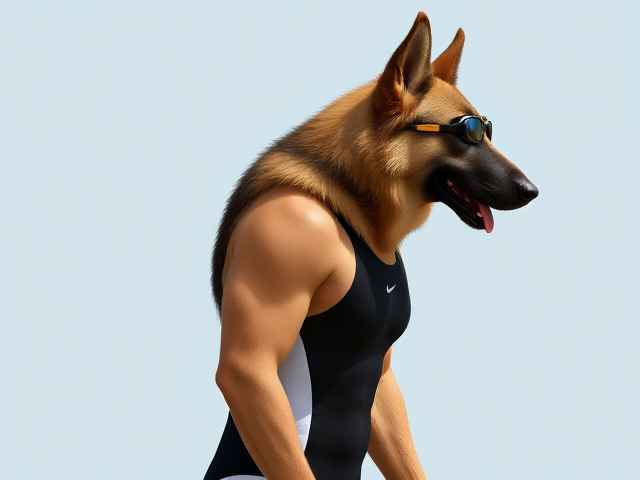 A tall and lean anthropomorphic long haired German shepherd with a long torso and broad shoulders wearing a high cut Nike one piece swimsuit and swimming goggles