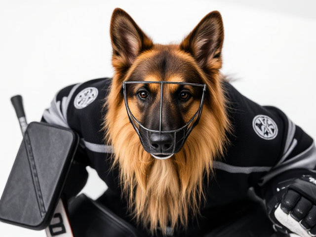 A anthropomorphic long haired German shepherd wearing hockey goalie pads, glove, blocker and mask