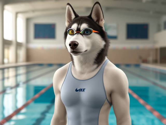 A tall anthropomorphic Siberian husky with a long torso and broad shoulders wearing a high cut Nike one piece swimsuit and swimming goggles at a high school swimming pool