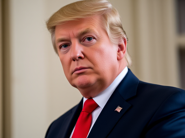 A realistic picture of Donald Trump   dressed in a navy blue suit with a red tie. He is looking directly at the viewer with a neutral, focused gaze, set against a soft, blurred background in a professional setting. The image should have high detail and lifelike texture, resembling a formal photograph."