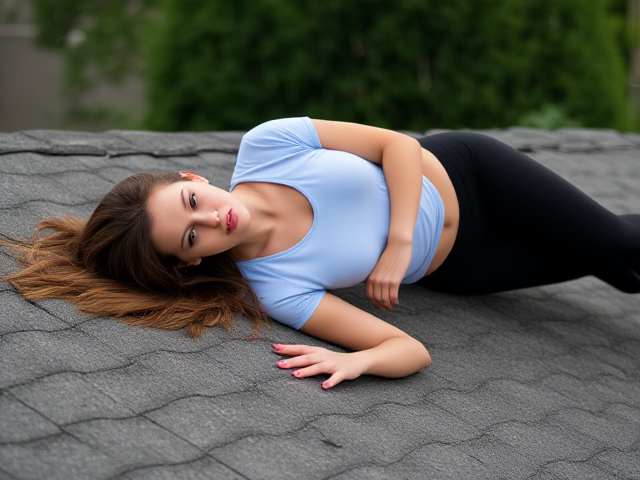 Brunette wearing a light blue t shirt and black yoga pants found face flat on the roof