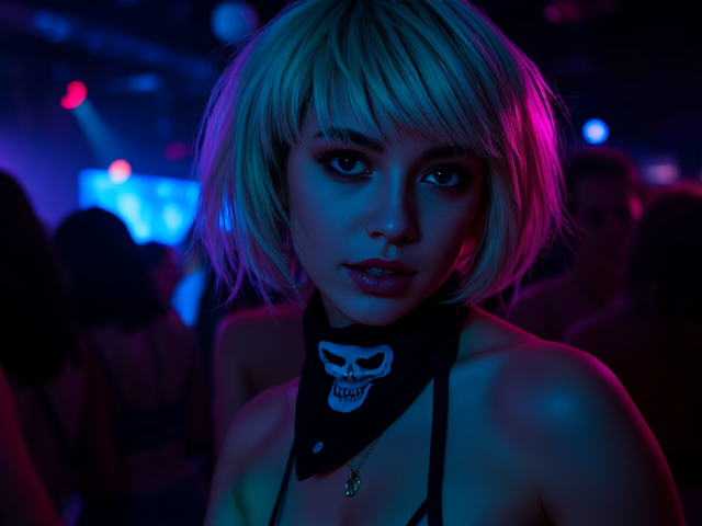 Young nymph Goth Baddie in neon rave outfit, dark club, neon makeup, neon short silver hair, skull bandana on mouth, hyperrealistic, 4K, dancing lustful, rave in background