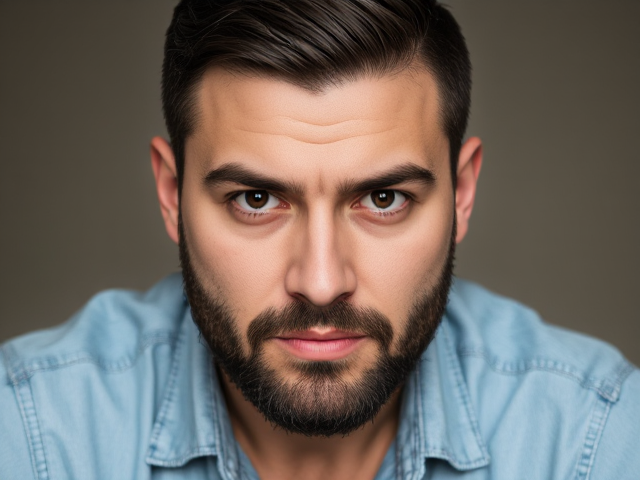 Add a so serious-looking man with serious eyebrows positioned at the center of the image. He should have short, neatly trimmed dark hair and a full beard, with a focused expression that conveys determination and intensity. His facial features should be well-defined, with soft lighting creating highlights on his cheekbones, forehead, and nose. Ensure his skin tone looks natural with realistic shading. The man should wear a light blue denim shirt with visible creases for a casual yet professional look. Add a slight glow or outline around him to separate him from the background and make him the focal point.