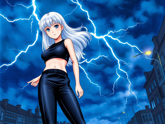 Page couleurs teintes bleues. Éclaires foudre.
Fille en pantalon noir et croctop noir, cheveux blancs yeux bleus, cheveux longs, elle fait des éclaires, et détruis tout.
Page de manga en couleur. Peint à l’aquarelle