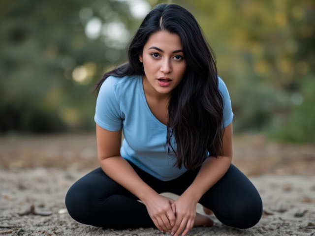 Beautiful Brunette with dark hair wearing a light blue t shirt and black yoga pants found  on her knees in fear
