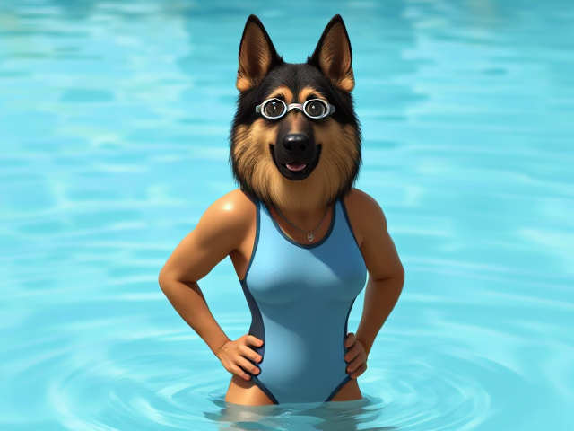 A anthropomorphic long haired German shepherd with a long torso and broad shoulders wearing swimming goggles and a high cut one piece swimsuit