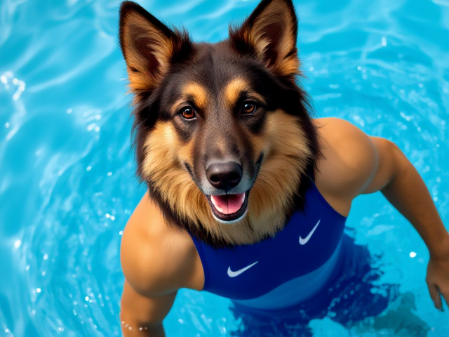 A anthropomorphic long haired German shepherd Olympic swimmer with a long torso wearing a blue Nike one piece swimsuit