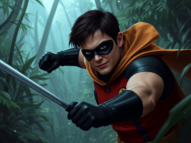 Robin from Teen Titans all beaten by his fights with Deathstroke in a Jungle, cold colour palette, muted colours, detailed, 8k