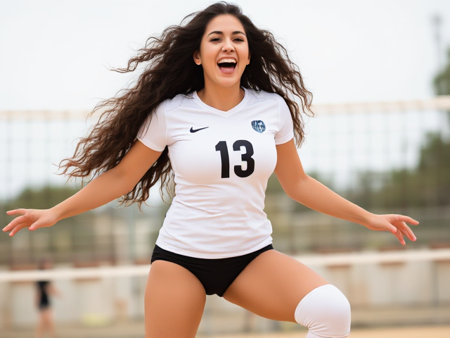 Beautiful semitic volleyball woman with long curly hair and a white uniform with thigh high socks bursting out in laughter
