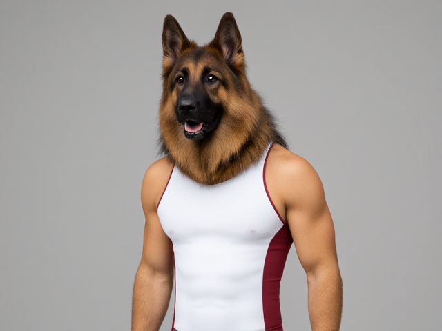 A anthropomorphic long haired German shepherd with a long torso and broad shoulders wearing a racing swimsuit