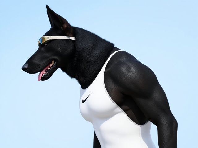 A tall and lean anthropomorphic black German shepherd with a long torso and broad shoulders wearing a white high cut Nike one piece swimsuit and swimming goggles