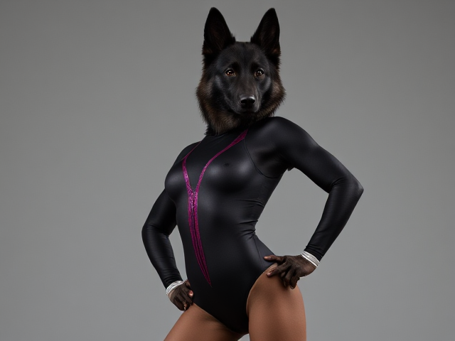 Black female Anthropomorphic German Shepherd in a gymnastics leotard, detailed fur texture, athletic pose, vibrant colors