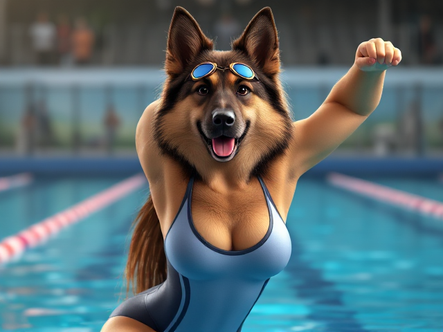 A anthropomorphic long haired German shepherd Olympic swimmer stretching her long torso, while wearing a one piece swimsuit and swimming goggles