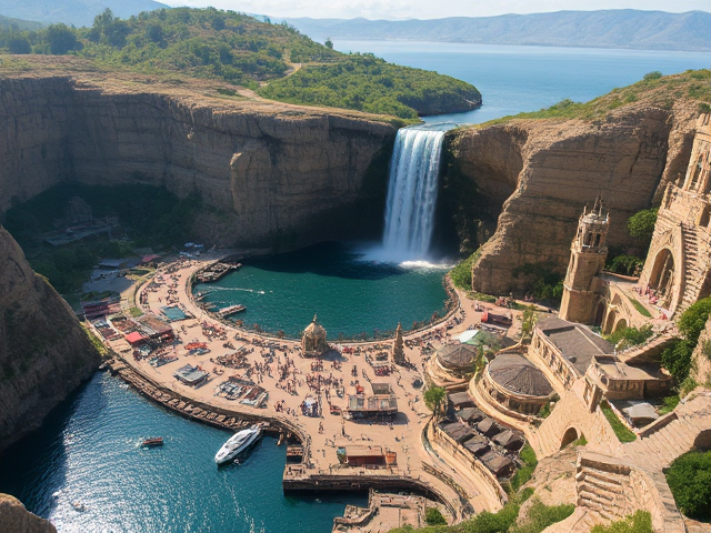 La Cité des Elfes : Une Merveille 
La cité des elfes, connue sous le nom de Xal'atun, était une merveille architecturale qui alliait beauté naturelle et prouesse technique. Perchée sur trois niveaux, la capitale était un exploit d'harmonie entre l'architecture et la nature, construite au bord d'une immense rivière qui se divisait en deux, créant une séparation majestueuse dans la montagne.

Un Palais Royal Sculpté dans la Roche
Au centre de cette cité se dressait le Palais Royal, une structure impressionnante sculptée directement dans la roche. Les murs de ce palais brillaient sous les rayons du soleil, ornés de motifs complexes représentant des scènes de la mythologie elfique et des histoires de héros anciens. Des escaliers monumentaux, s'élevant majestueusement à droite et à gauche, menaient aux niveaux inférieur de la cité, reliant les différentes couches d'habitations, de jardins suspendus et de sanctuaires.

La chute d'eau, qui tombait du sommet de la montagne, créait un spectacle féerique. L'eau scintillante tombait d'un étage à l'autre, se déversant dans un grand lac qui se trouvait en dessous. Ce lac, d'un bleu profond, était un lieu de sérénité, où les elfes venaient méditer et se ressourcer. L'humidité et la fraîcheur de l'eau apportaient une vie luxuriante tout autour, avec des plantes et des fleurs exotiques qui prospéraient dans cette atmosphère.

Le Grand Marché de Xal'atun
Autour du lac, se trouvait la plus grande place commerciale de la cité, animée par les cris des marchands et le bruit des visiteurs. Ce marché grouillant était un centre d'échanges où les elfes vendaient des produits artisanaux, des tissus colorés, des poteries délicates et des bijoux en pierres précieuses. Les senteurs des épices et des herbes se mêlaient à l'air, créant une ambiance vibrante et chaleureuse.

Les étals étaient disposés en cercles autour du lac, permettant aux habitants de profiter de la vue sur la cascade tout en se mêlant aux affaires. Les vendeurs appelaient les passants, offrant des échantillons de mets délicieux et des boissons rafraîchissantes à base de fruits locaux.

Le Port Maritime
En contrebas, à la base de la chute d'eau, s'étendait un port maritime animé, où la grande rivière rencontrait l'océan. Les elfes avaient construit des quais en bois et en pierre, permettant aux navires de commerce d'accoster et de décharger leurs cargaisons. Les bateaux ornés de voiles colorées naviguaient entre les rives, transportant des marchandises entre la cité et d'autres régions lointaines.

Le port était également un lieu de rencontre pour les voyageurs, les marins et les aventuriers, qui apportaient des histoires de leurs périples et des nouvelles des terres lointaines. Les rives étaient bordées de restaurants et de tavernes où l'on pouvait déguster des plats à base de fruits de mer fraîchement pêchés, tout en profitant de la beauté du paysage.