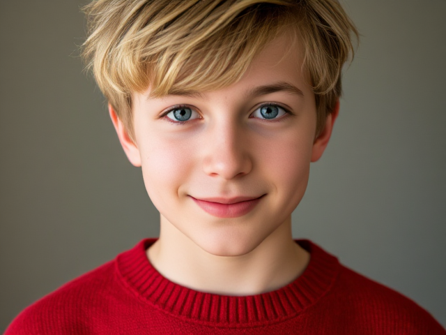 A portrait of a boy named Terrance wearing a red sweater, with a big nose, with tern blond medium-length and a bit messy hair.He has blue eye. He is standing in soft natural light, friendly expression, realistic style. he is a teenager with a big nose and some button on the face
