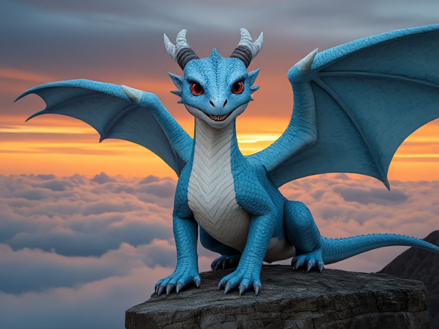 Young sky blue-scaled dragon with large, intricately detailed wings; resembles a 17-year-old human in youthfulness; shimmering white chest scales; solid red eyes; a third solid red eye in between the first two; adorned with multiple icicle-like horns on the head; surrounded by ethereal misty clouds; perched majestically on a rugged rocky cliff, illuminated by a dramatic sunset backdrop; maintains a serious facial expression; baring his teeth