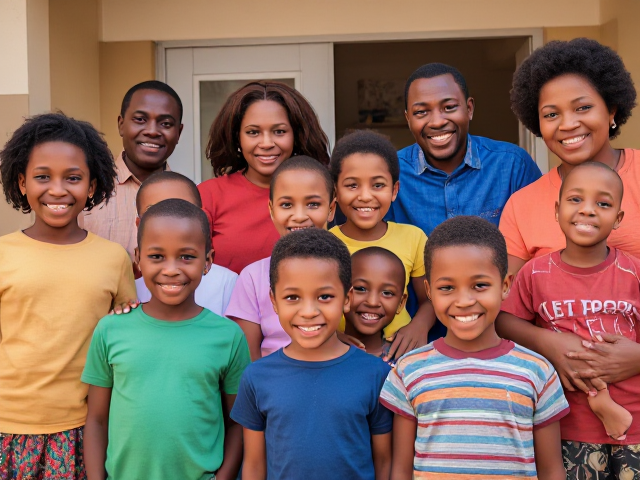 Parents d'élèves africains avec leurs enfants souriants et heureux, debout devant l'école en période de rentrée des classes, vêtements colorés et variés, atmosphère joyeuse et ensoleillée