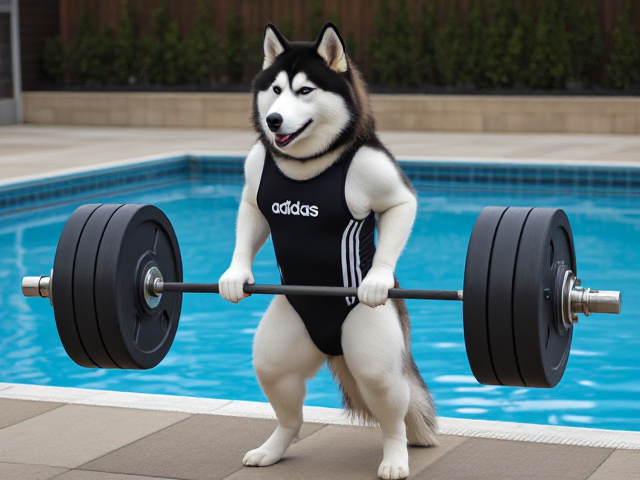 A anthropomorphic Siberian husky wearing an adidas swimsuit deadlifting a barbell on a pool deck