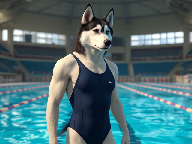 A tall anthropomorphic Siberian husky with a long torso and broad shoulders, wearing a high cut Nike one piece swimsuit, in a Olympic swimming pool