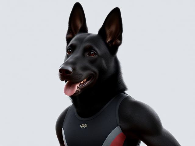 A anthropomorphic black German shepherd Olympic gymnast wearing a leotard