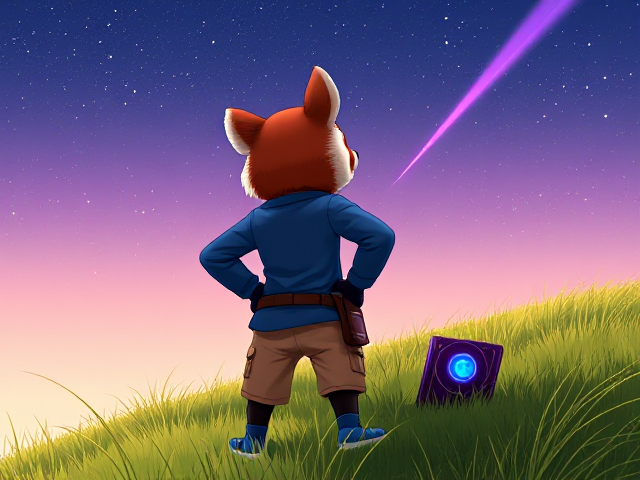 A back shot of A stylized red panda character named Pilo looking over his shoulder, standing confidently on a grassy hillside under a starry sky with a vivid purple comet streaking across it. Pilo has oversized, floppy ears and expressive eyes, wearing a blue long sleved adventuring shirt and beige cargo shorts and blue gloves. He stands with both hands on his hips in a proud, curious pose (arms arched outward like '>'). Next to him or slung to his side is a futuristic holo book with a glowing purple cover and a blue orb embedded in the center. The book emits a faint bluish glow, hinting at hidden knowledge. The setting is bright and open, with soft wind blowing through the grass, and the sky dominates the background. Fantasy-sci-fi blend, whimsical and adventurous tone, highly detailed, painterly style, cinematic lighting.