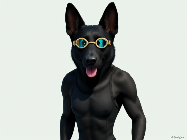 A anthropomorphic black German shepherd with a long torso and broad shoulders wearing a one piece swimsuit and swimming goggles