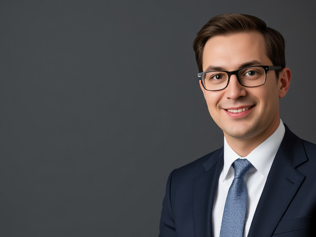 Add a professionally dressed man positioned on the right side of the image. He should wear a dark navy-blue business suit, a crisp white shirt, and a neatly tied tie. His face should look sharp and well-lit, with glasses adding a touch of professionalism. The expression should be confident but approachable, with a slight smile. Use subtle airbrushing to smooth the skin, but keep it realistic. Ensure the person is slightly outlined or highlighted to make him stand out from the background.