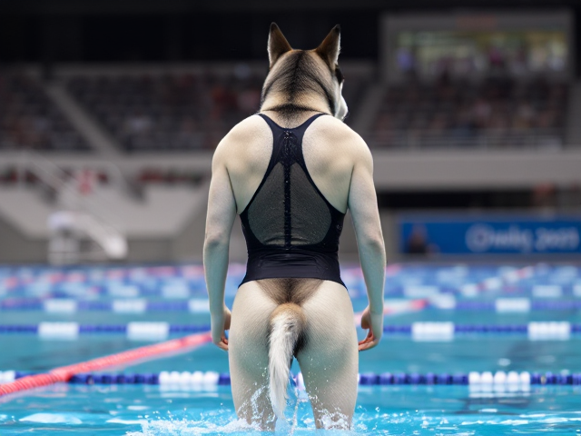 A tall anthropomorphic Siberian husky Olympic swimmer wearing a sportback swimsuit