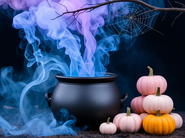 An image with a cauldron in the bottom left of the image that has thick blue and pink smoke and bubbles coming out of the top. Make some of the smoke swirl around the cauldron. In the top of the image add tree branches with a spider web. Add stacks of pastel pink and blue pumpkins beside and around the cauldron.